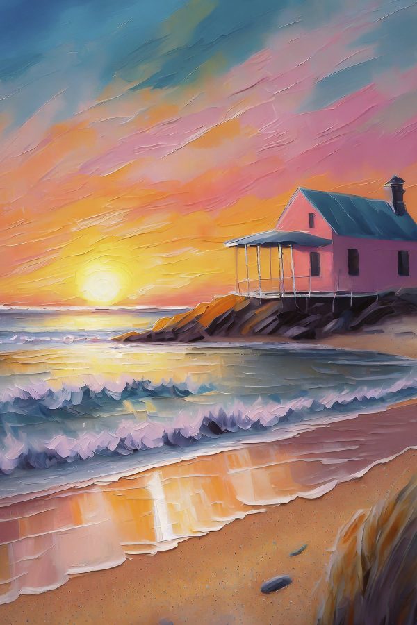 Schilderij van een huis op een strand Schilderij van een huis op een strand