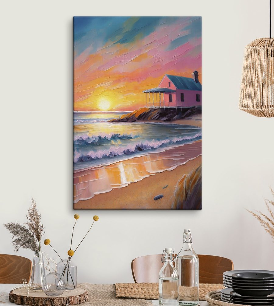 Schilderij van een huis op een strand
