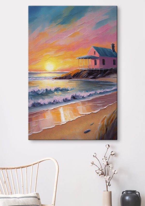 Schilderij van een huis op een strand Schilderij van een huis op een strand