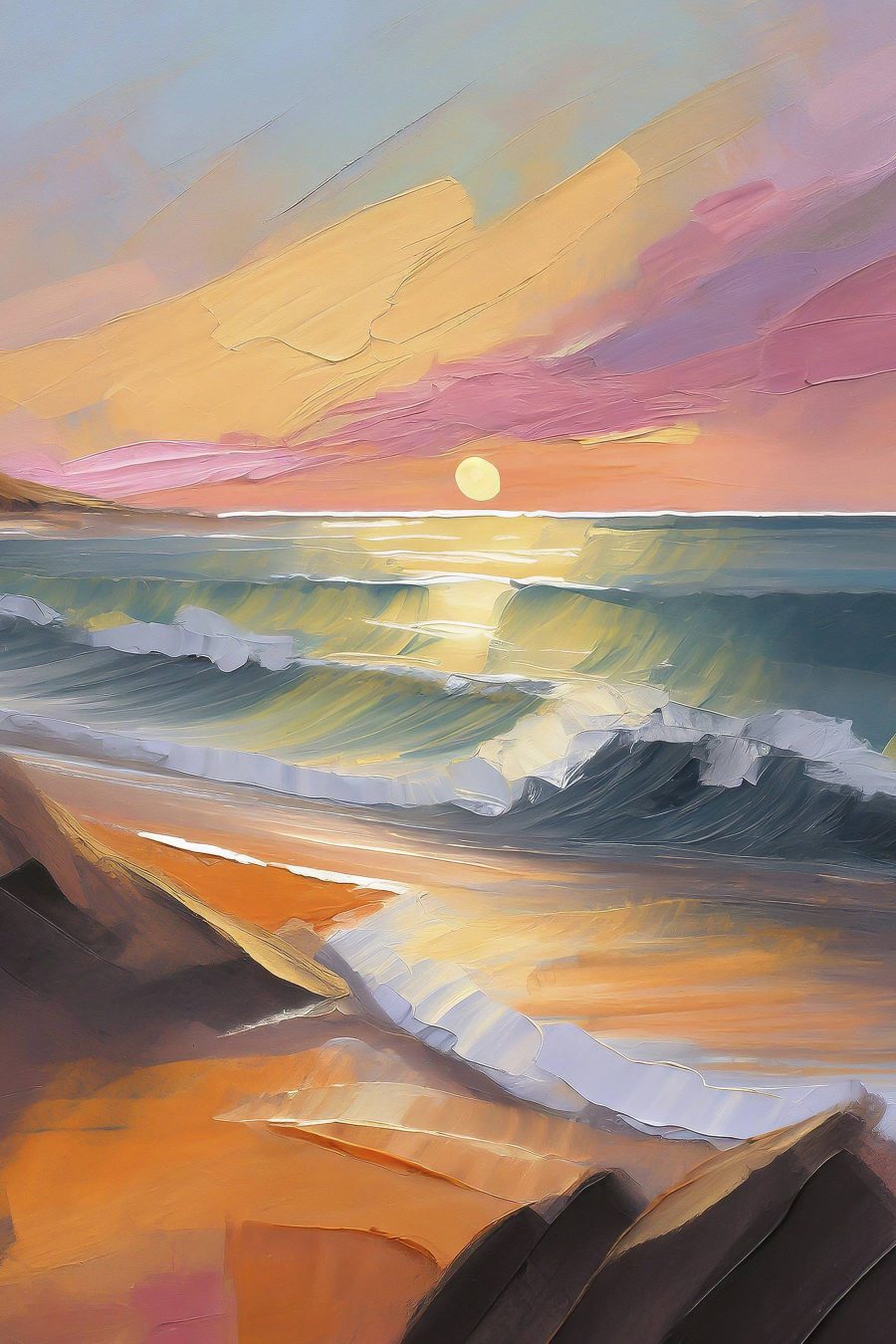 Schilderij van een strand met golven en een zonsondergang Schilderij van een strand met golven en een zonsondergang