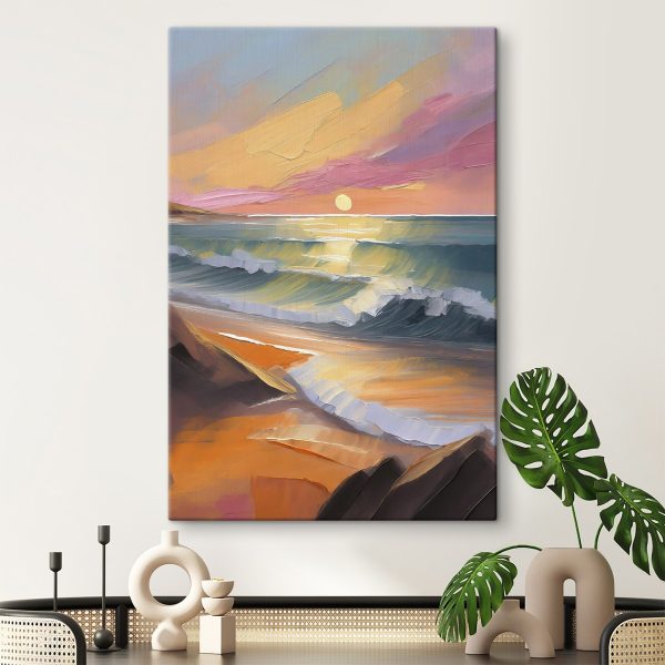 Schilderij van een strand met golven en een zonsondergang Schilderij van een strand met golven en een zonsondergang