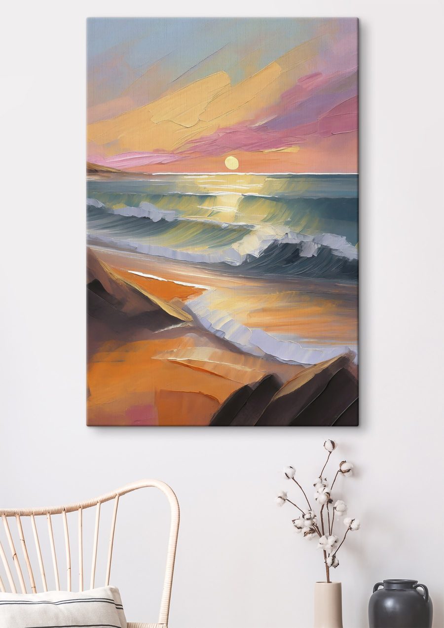 Schilderij van een strand met golven en een zonsondergang Schilderij van een strand met golven en een zonsondergang