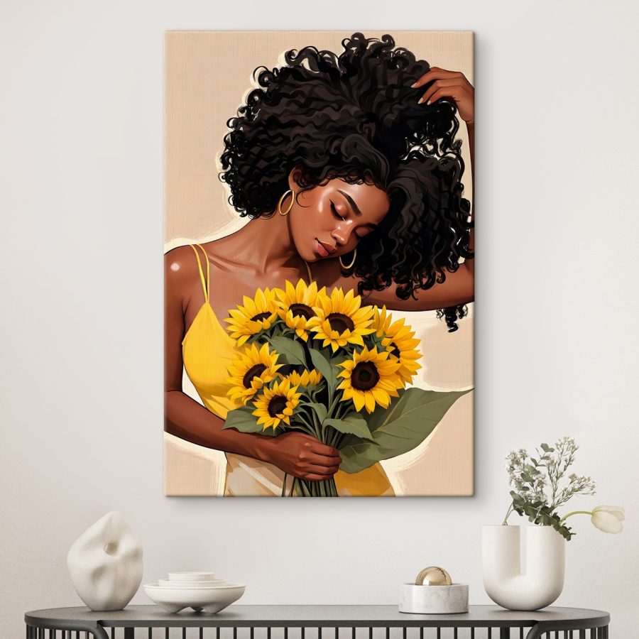Vrouw met boeket zonnebloemen Vrouw met boeket zonnebloemen