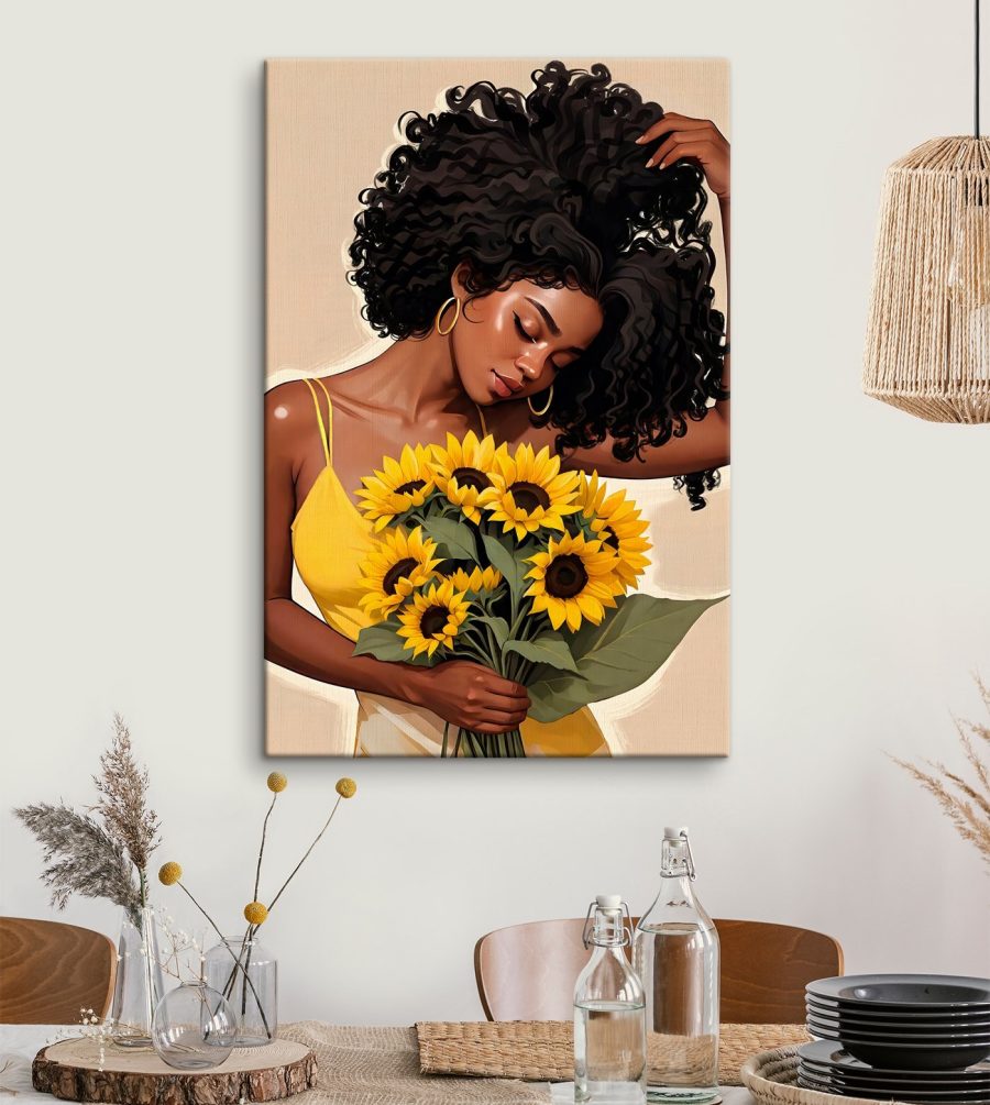 Vrouw met boeket zonnebloemen Vrouw met boeket zonnebloemen