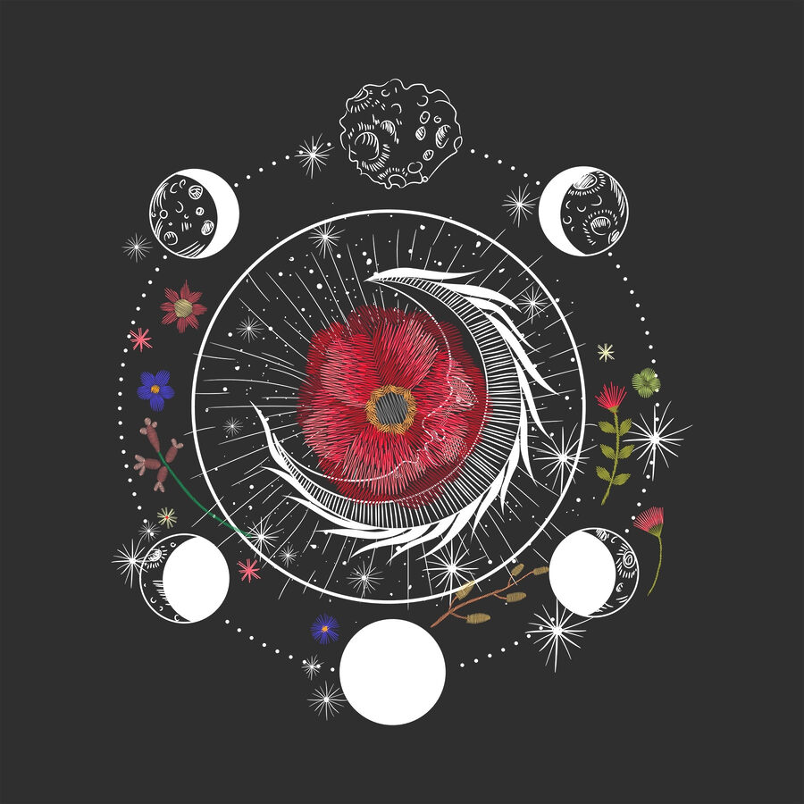 Tekening van een bloem en maanfasen