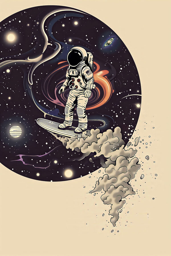 Een astronaut op een surfplank in de ruimte Een astronaut op een surfplank in de ruimte