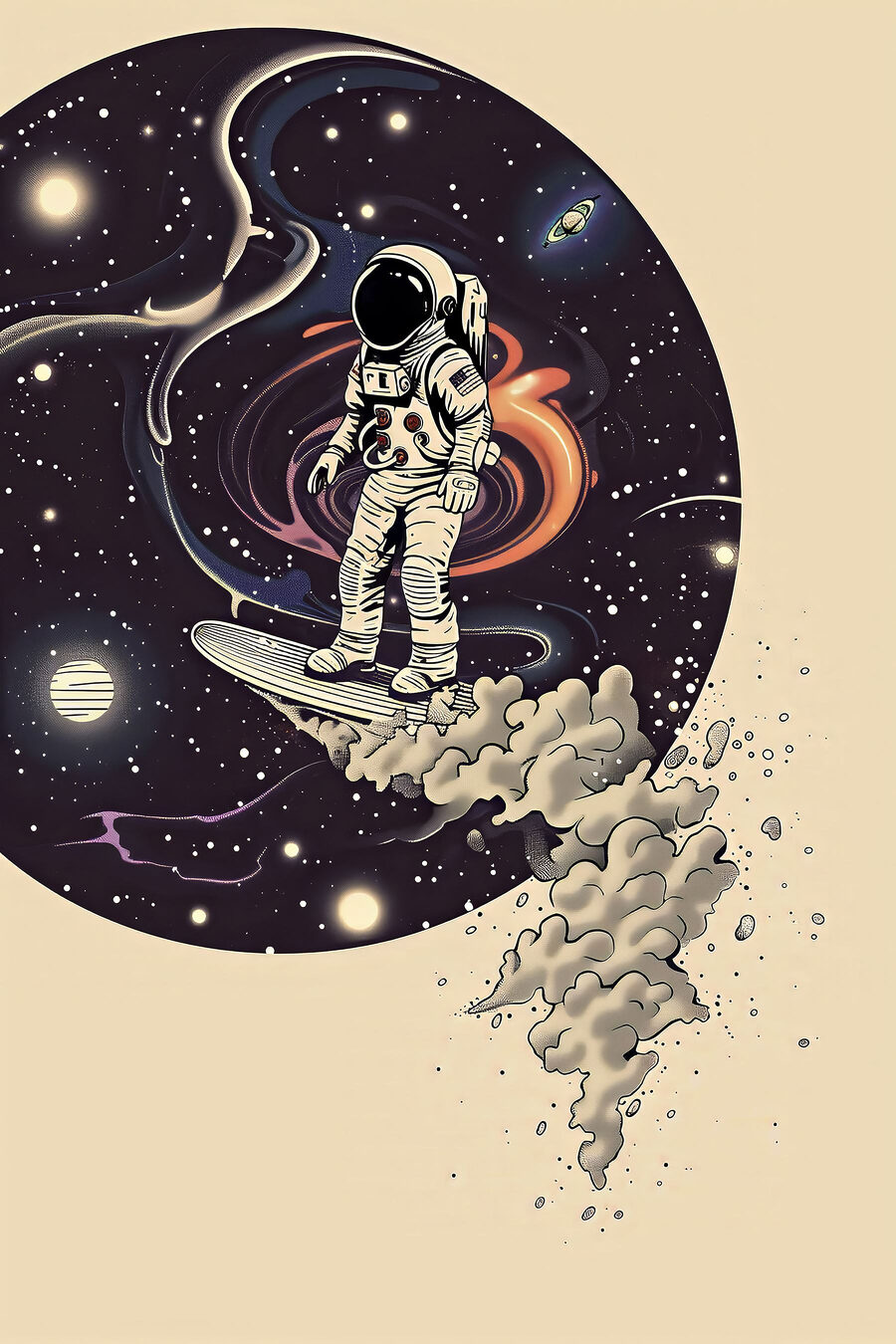 Een astronaut op een surfplank in de ruimte