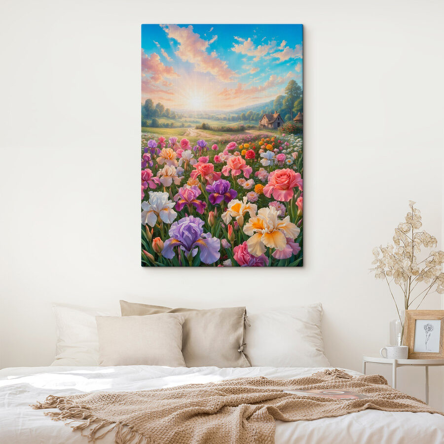 Bloemenveld met een huis op de achtergrond