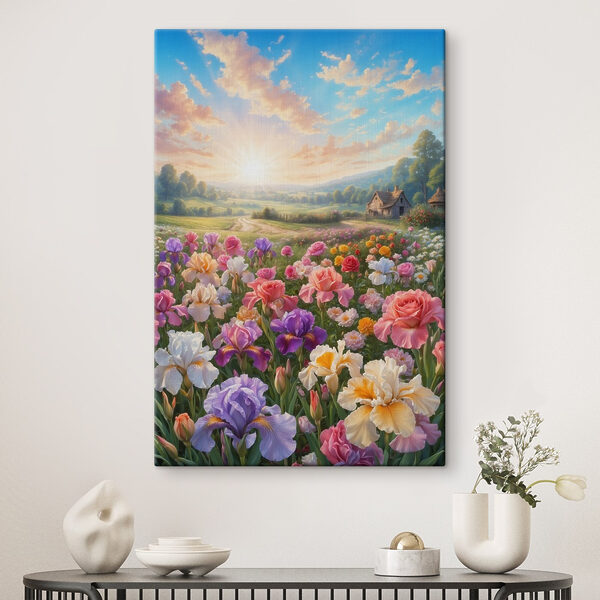 Bloemenveld met een huis op de achtergrond Bloemenveld met een huis op de achtergrond