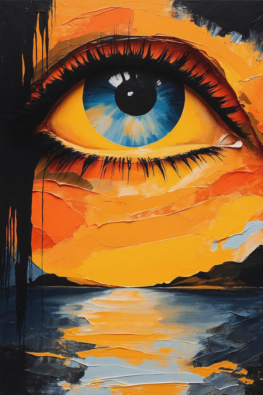 Schilderij van een oog en een zonsondergang
