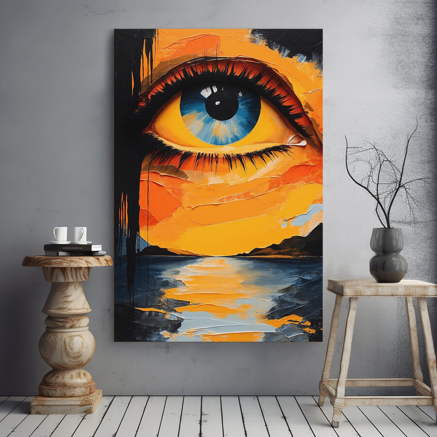 Schilderij van een oog en een zonsondergang