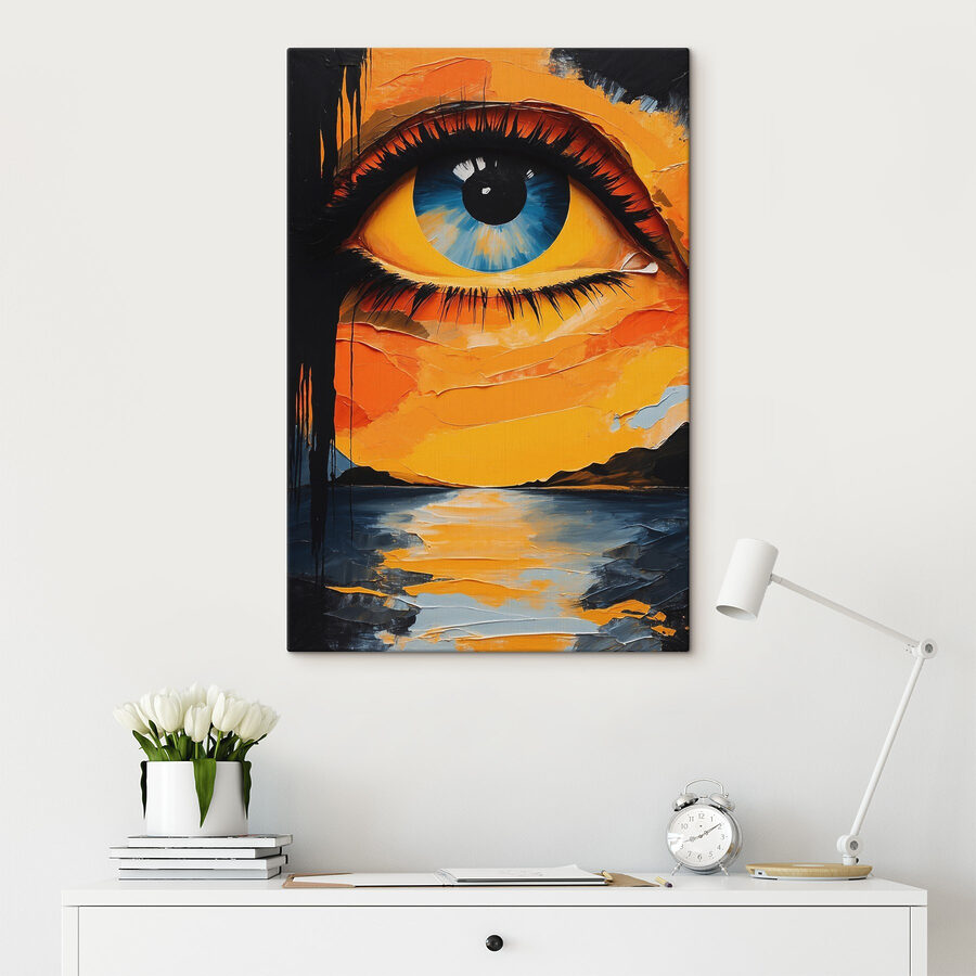 Schilderij van een oog en een zonsondergang