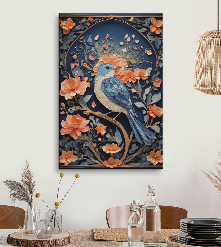 Blauwe vogel op een tak met bloemen