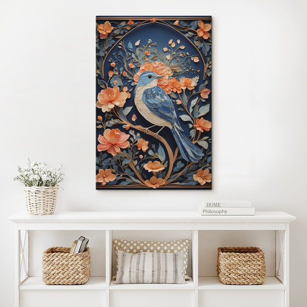 Blauwe vogel op een tak met bloemen Blauwe vogel op een tak met bloemen