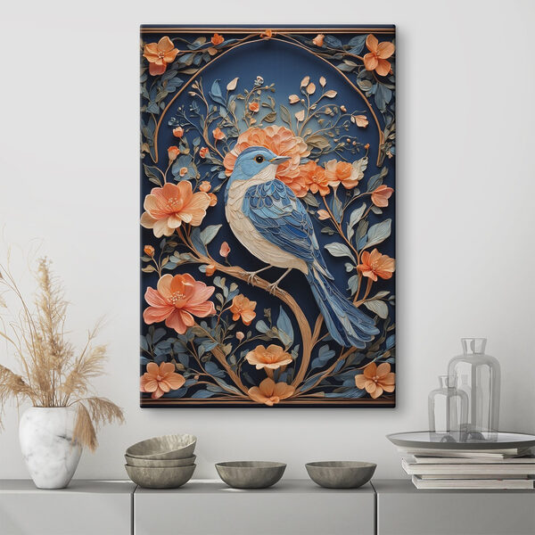 Blauwe vogel op een tak met bloemen Blauwe vogel op een tak met bloemen