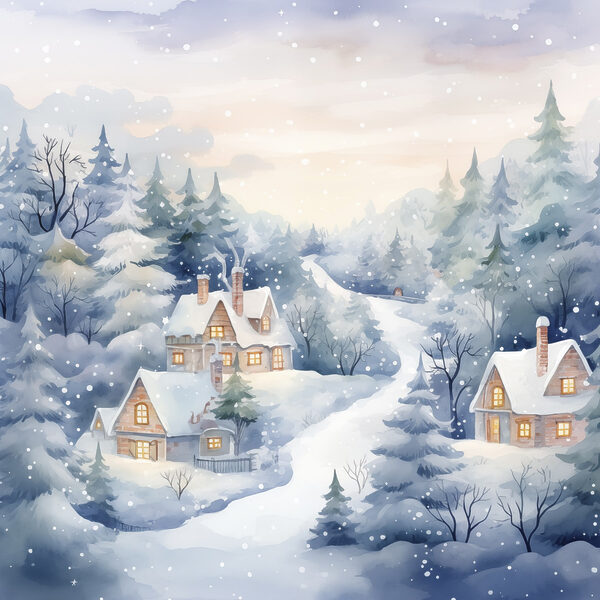 Painting of houses in a snowy forest