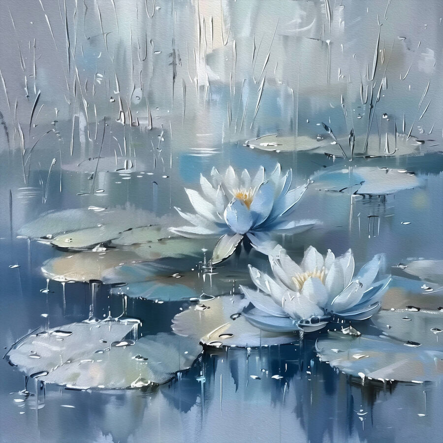 Schilderij van waterlelies en bladeren