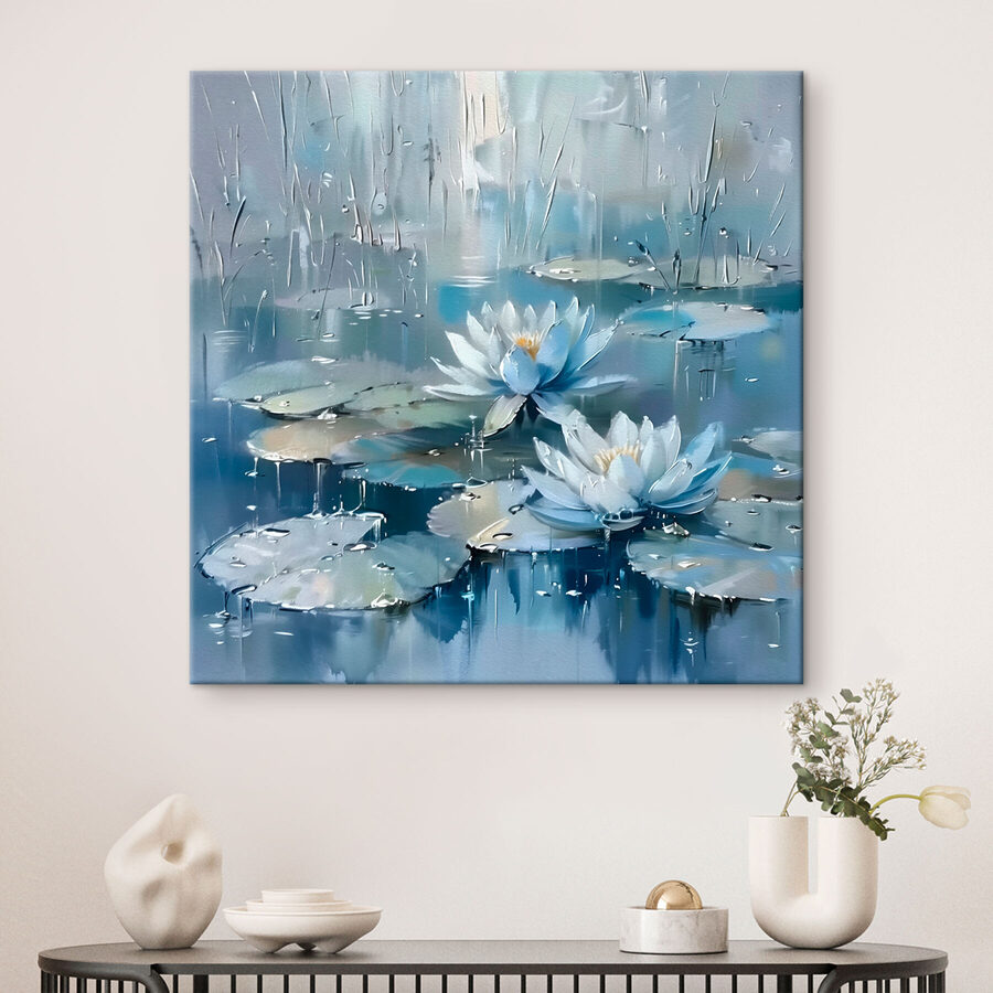 Schilderij van waterlelies en bladeren