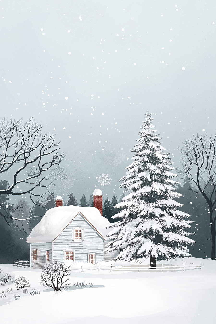Huis met sneeuw op het dak en een boom in de sneeuw
