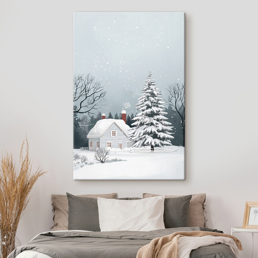 Huis met sneeuw op het dak en een boom in de sneeuw