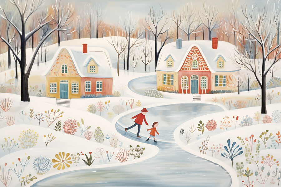 Painting of a couple of people skating on a snowy road Painting of a couple of people skating on a snowy road