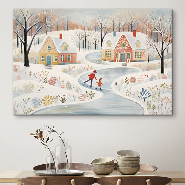 Painting of a couple of people skating on a snowy road Painting of a couple of people skating on a snowy road
