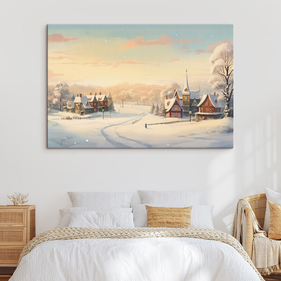 Besneeuwde stad met een kerk en een weg