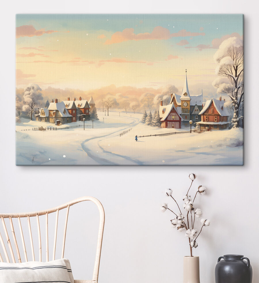 Besneeuwde stad met een kerk en een weg