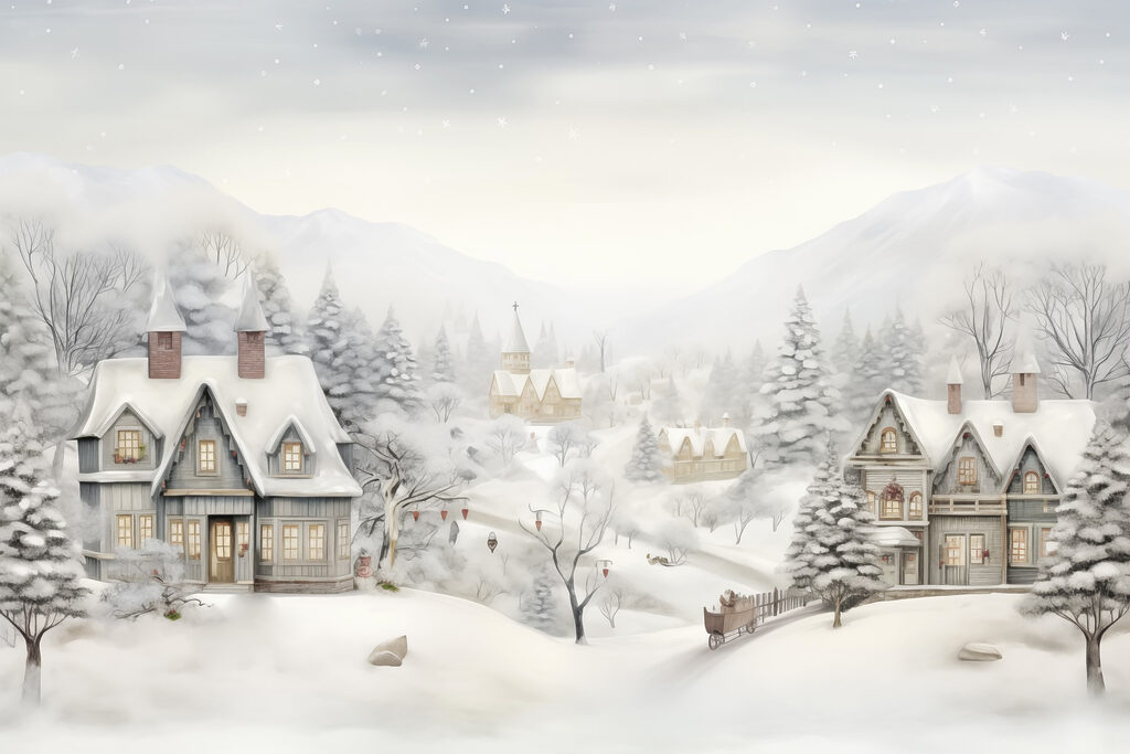 Snowy landscape with houses and trees