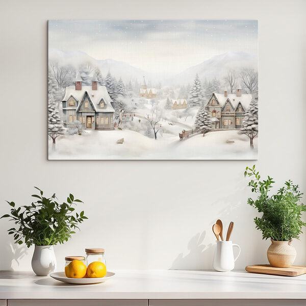 Besneeuwd landschap met huizen en bomen Canvas Schilderijen Besneeuwd landschap met huizen en bomen