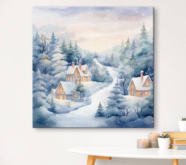 Schilderij van huizen in een besneeuwd bos Canvas Schilderijen Schilderij van huizen in een besneeuwd bos
