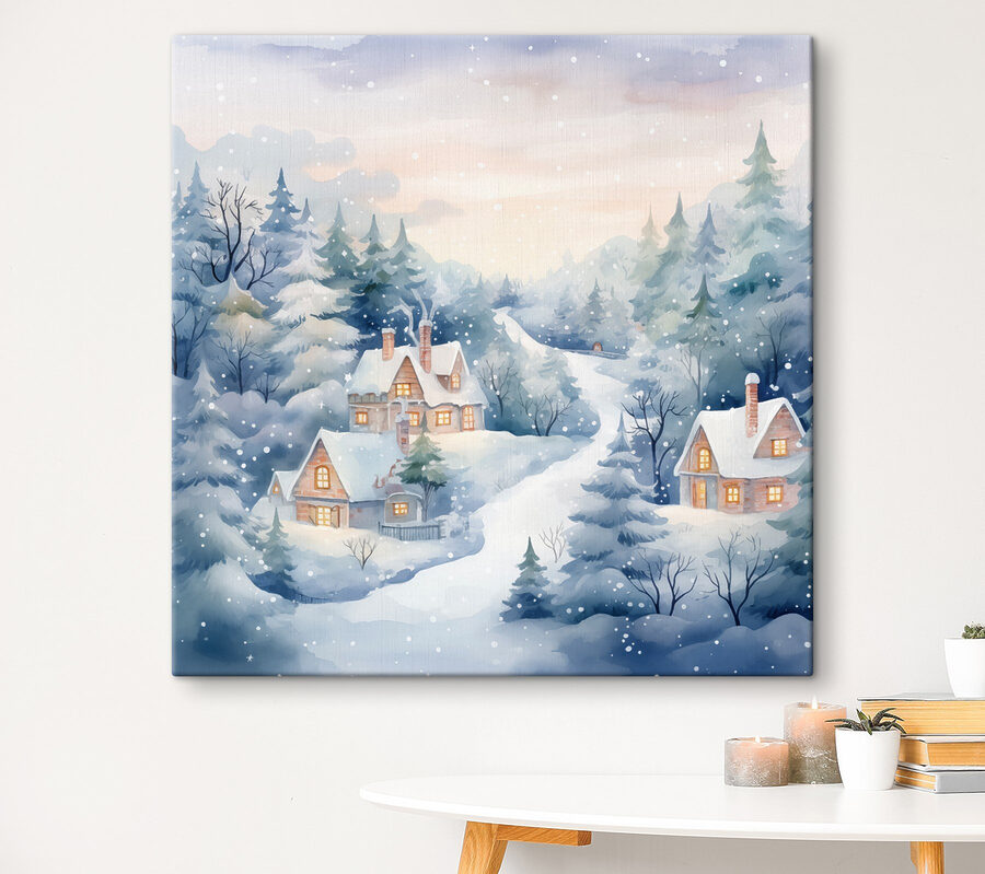 Schilderij van huizen in een besneeuwd bos