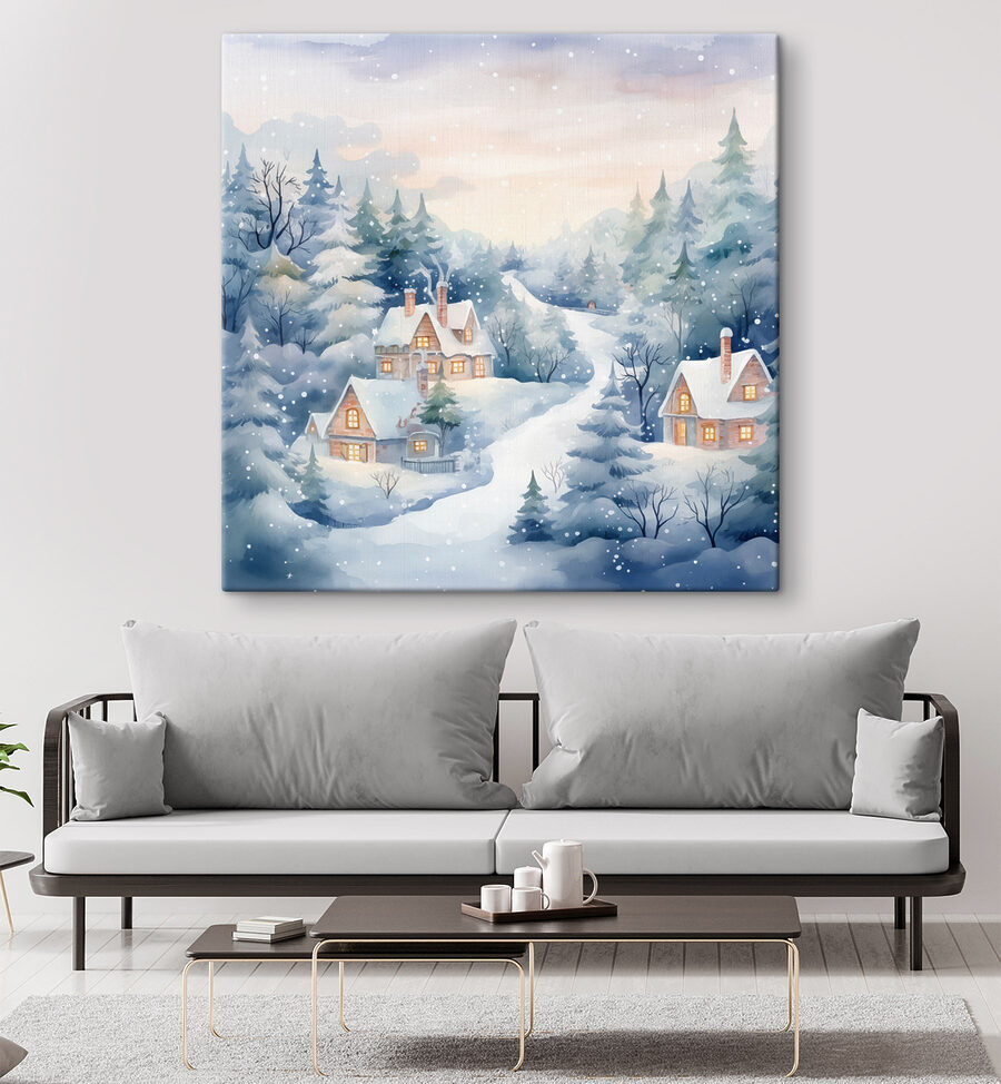 Schilderij van huizen in een besneeuwd bos