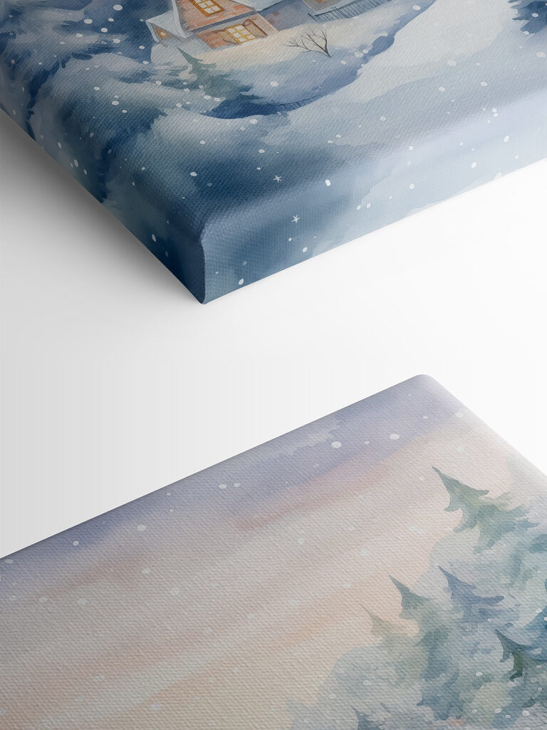 Painting of houses in a snowy forest