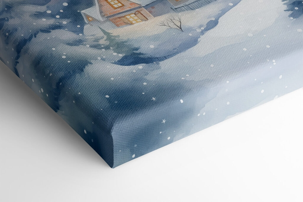 Painting of houses in a snowy forest