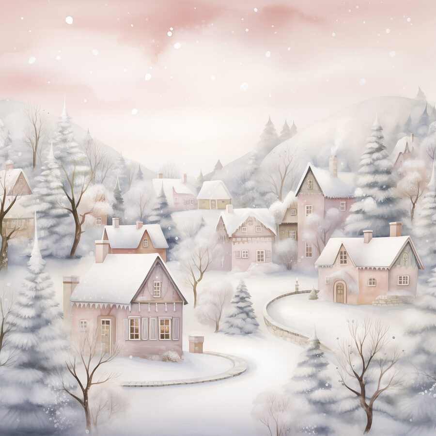 Schilderij van een besneeuwd dorp