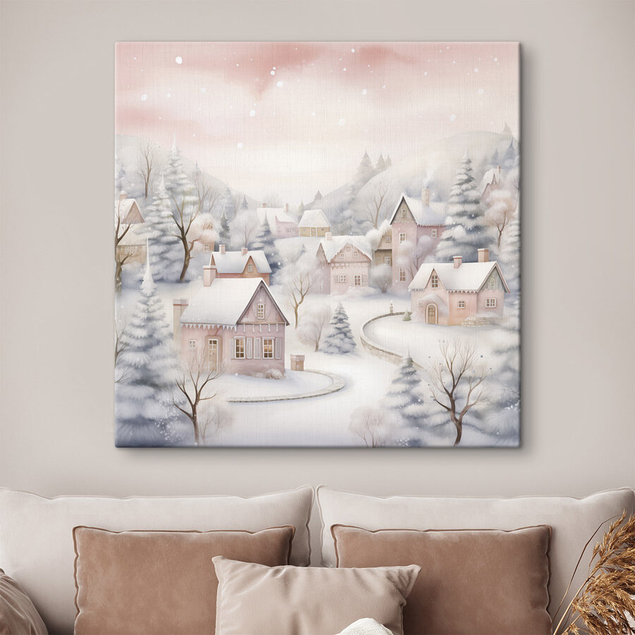 Schilderij van een besneeuwd dorp