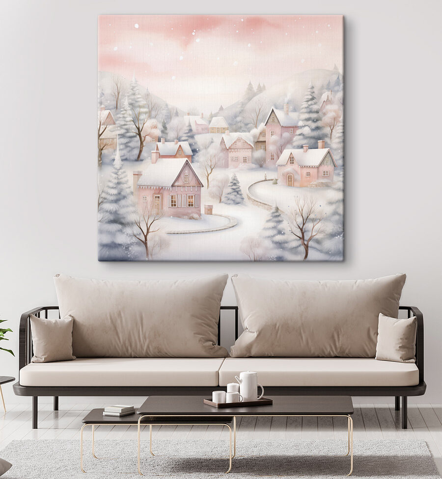 Schilderij van een besneeuwd dorp