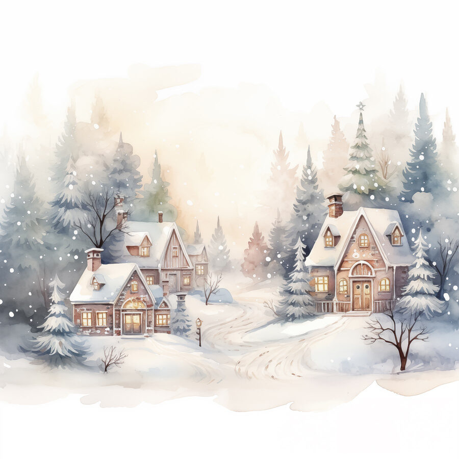 Aquarel van huizen in een besneeuwd bos