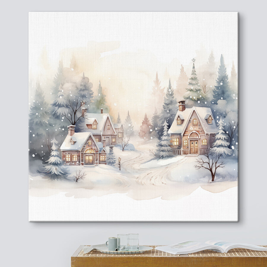 Aquarel van huizen in een besneeuwd bos