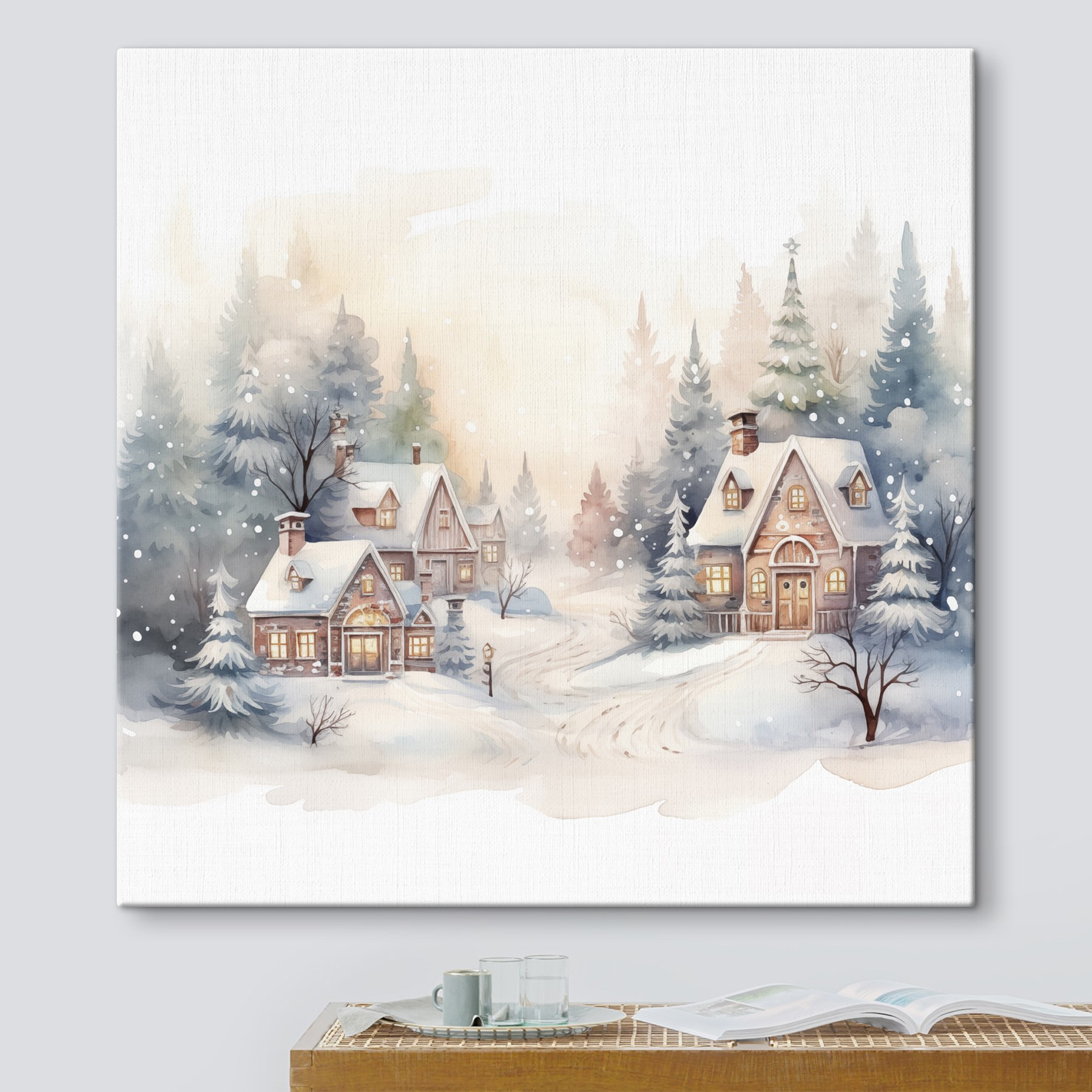 Watercolor painting of houses in a snowy forest Watercolor painting of houses in a snowy forest