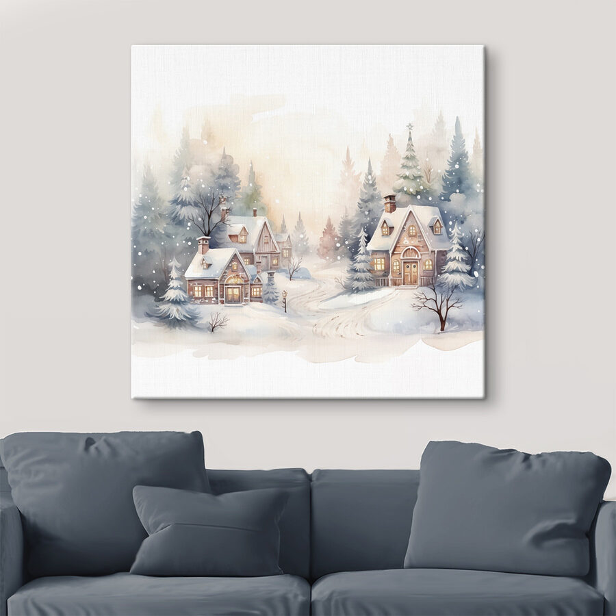 Aquarel van huizen in een besneeuwd bos
