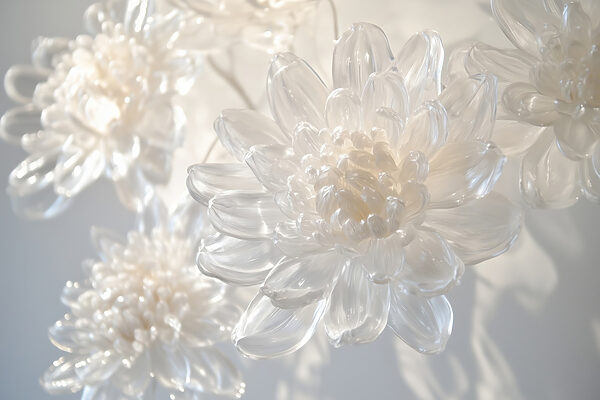 Delicate glazen bloemensculpturen tentoongesteld. Delicate glazen bloemensculpturen tentoongesteld.
