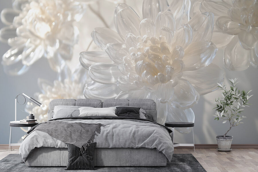 Delicate glazen bloemensculpturen tentoongesteld.
