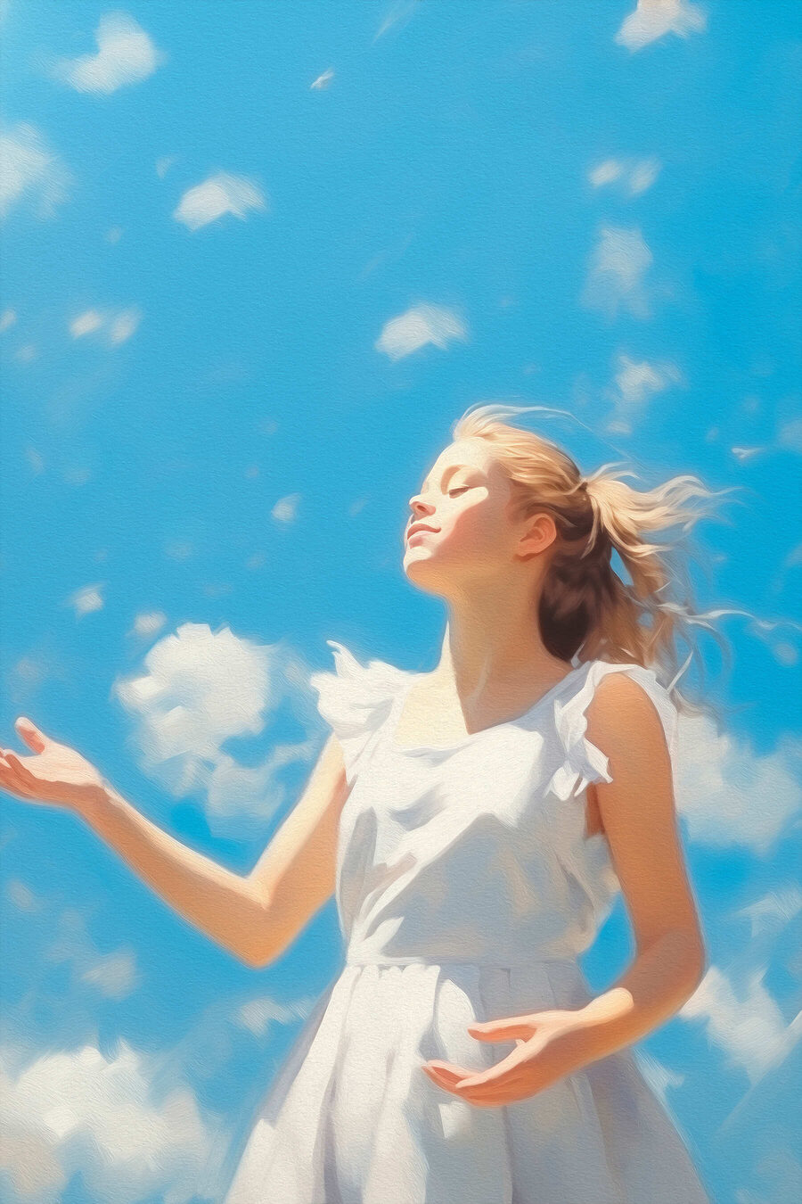 Vrouw in een witte jurk met haar armen in de lucht Vrouw in een witte jurk met haar armen in de lucht