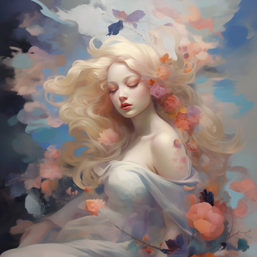 Vrouw met lang blond haar en bloemen in haar haar Vrouw met lang blond haar en bloemen in haar haar