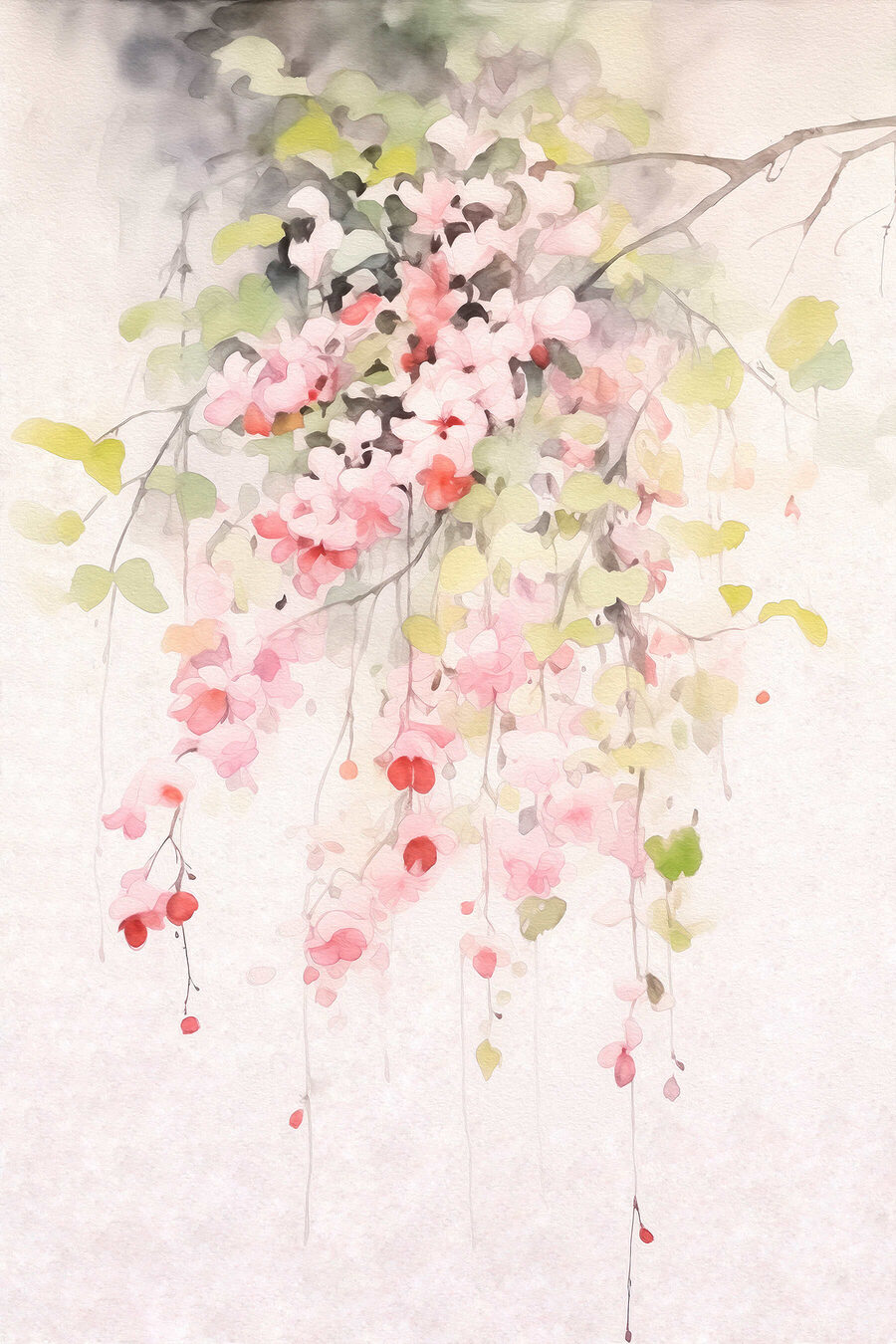Aquarel van roze bloemen en groene bladeren