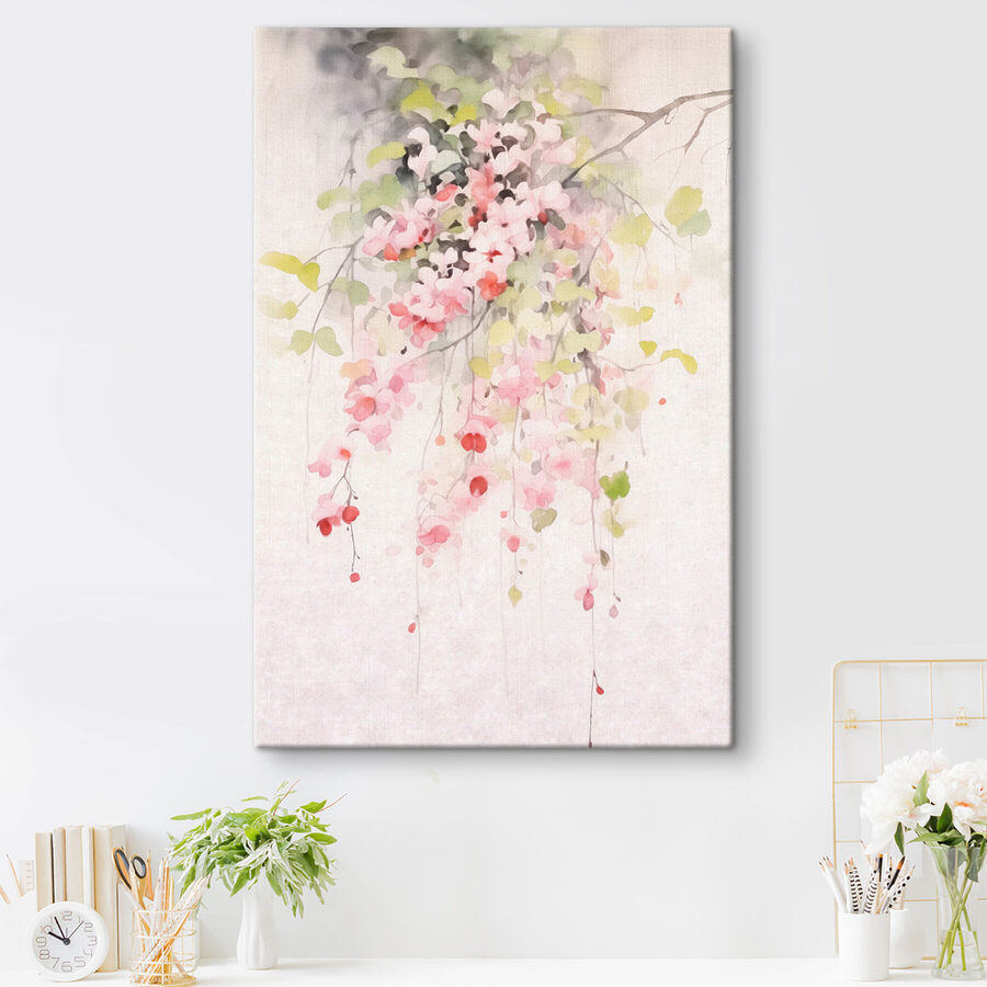 Aquarel van roze bloemen en groene bladeren