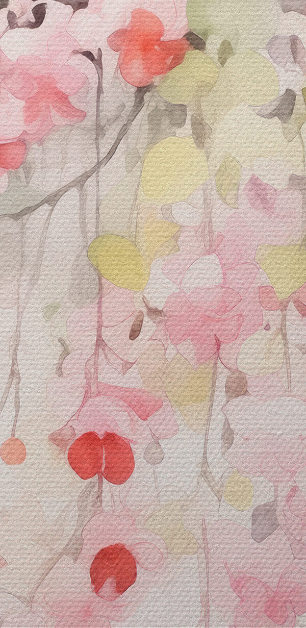 Aquarel van roze bloemen en groene bladeren Aquarel van roze bloemen en groene bladeren