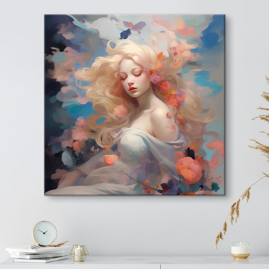 Vrouw met lang blond haar en bloemen in haar haar Vrouw met lang blond haar en bloemen in haar haar